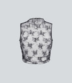 Mock Neck Sleeveless Ruched Cropped Sheer Lace Casual Top