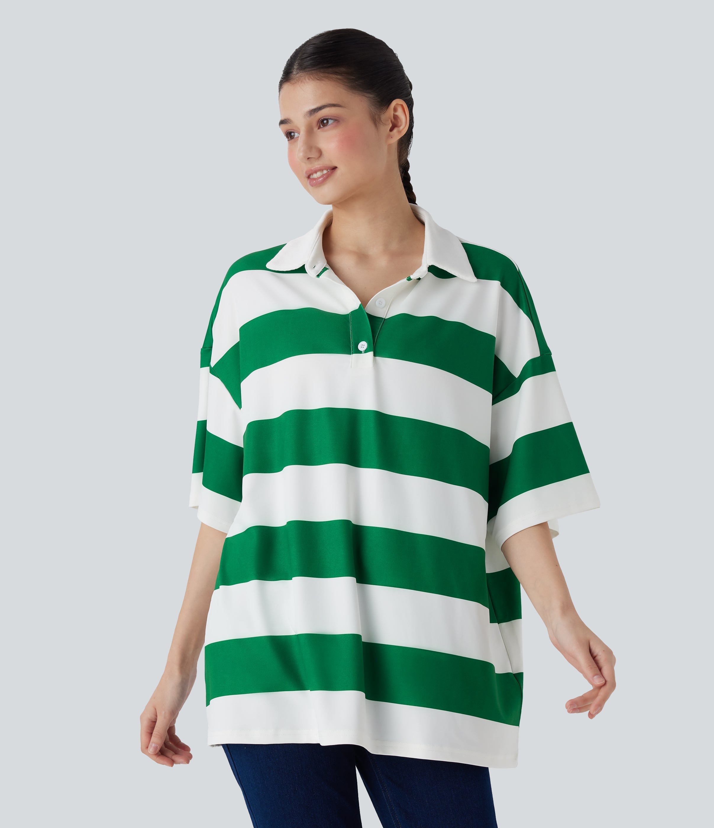 Polo Neck Dropped Shoulder Colorblock Stripe Oversize Casual T-Shirt