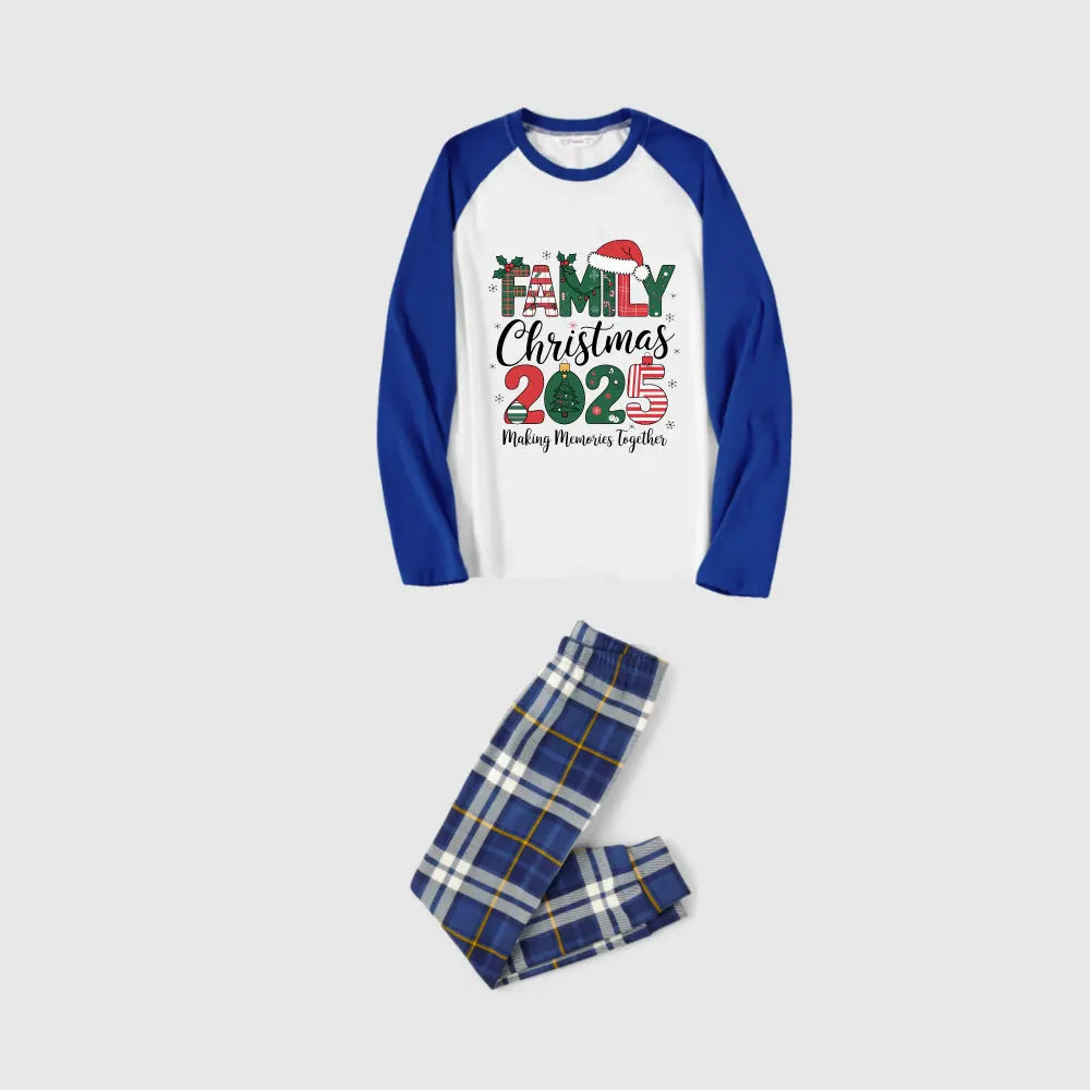 Christmas Family Matching Pajamas-Blue Raglan Top Blue Plaid Pants Pjs Set with "Family Christmas 2025" Print