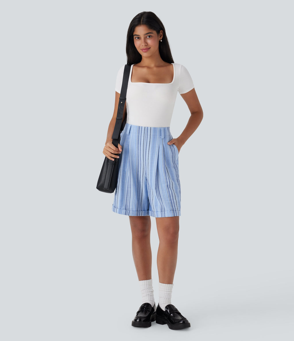 High Waisted Stripe Work Linen-Feel Bermuda Shorts with Pockets