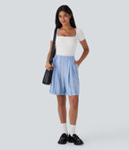 High Waisted Stripe Work Linen-Feel Bermuda Shorts with Pockets