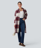 Plaid Curved Hem Longline Casual Jacket with Pockets