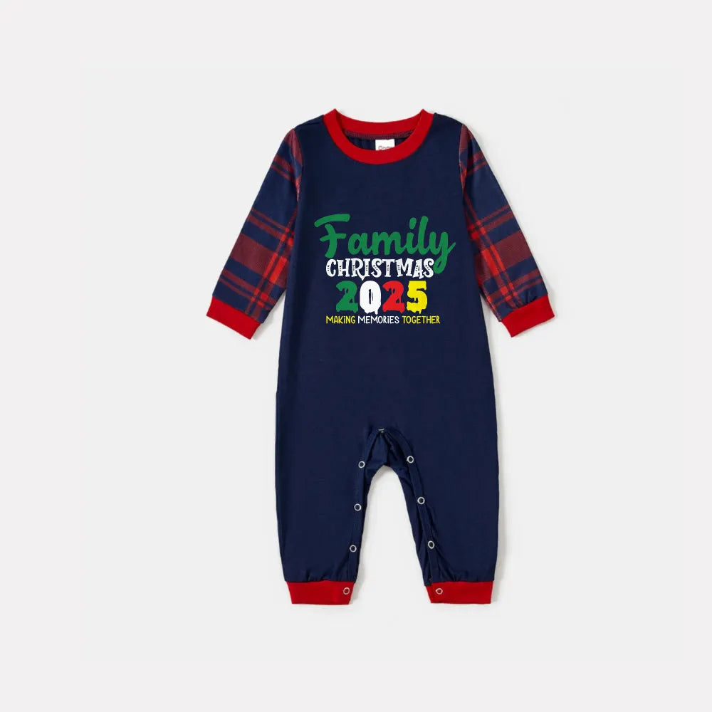 Christmas Family Matching Pajamas-Navy & Red Plaid Pjs Set with "Family Christmas 2025" Text Print