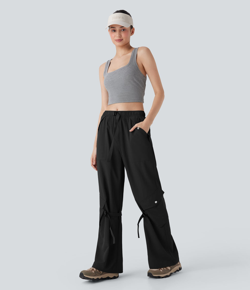 Mid Rise Belted Wide Leg Hiking Cargo Pants with Pockets