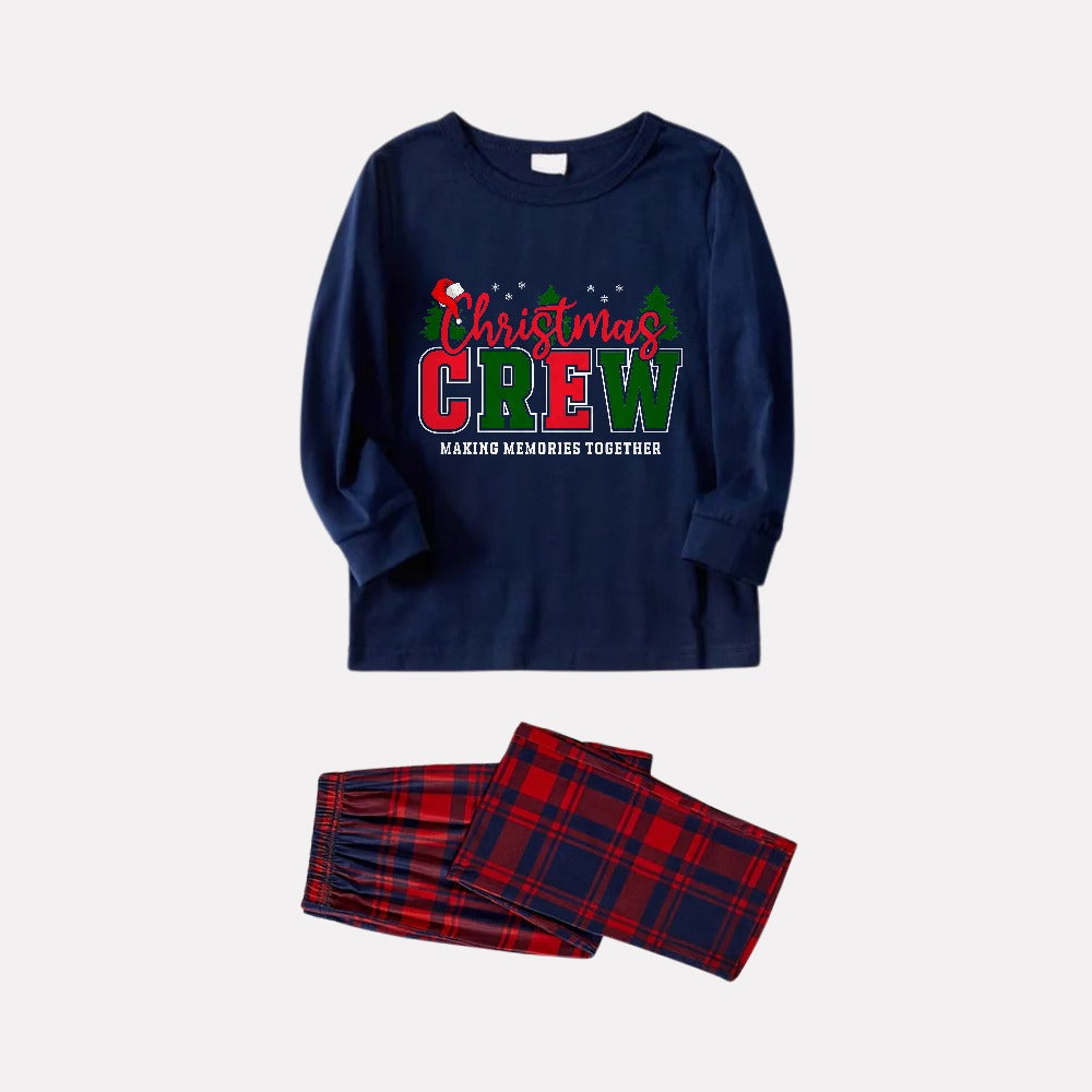 Christmas Family Matching Pajamas-Navy & Red Plaid Pjs Set with "Christmas Crew Making Memories Together" Print
