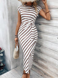Women's Solid Color / Striped / All Over Print Knot Batwing Sleeve Dress, Casual Short Sleeve Round Neck Long Dress, Ladies Clothes for Beach Holiday, Casual Everyday Wear