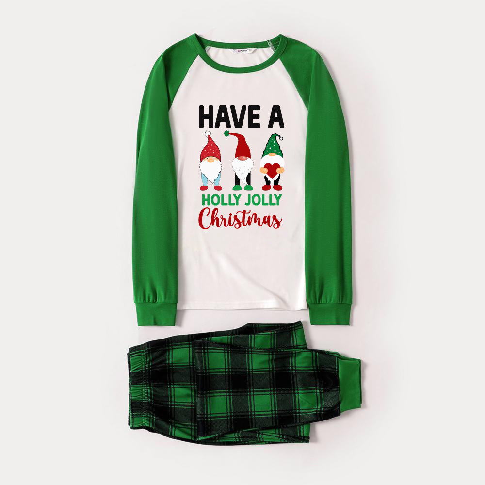 Green Raglan Top Green Plaid Christmas Pajamas Set With Gnomes and "HAVE A HOLLY JOLLY Christmas" Print