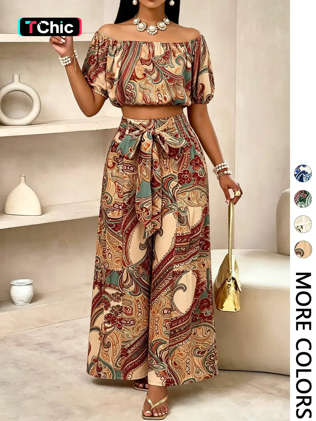 Women's Summer Paisley Print Vintage Vacation Two-Piece Set, Off-Shoulder Bubble Sleeve Crop Top + High Waist Drawstring Wide Leg Pants