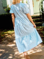 NEW🔥 V-Neck Pleated Short Sleeve Striped Shirt Dress