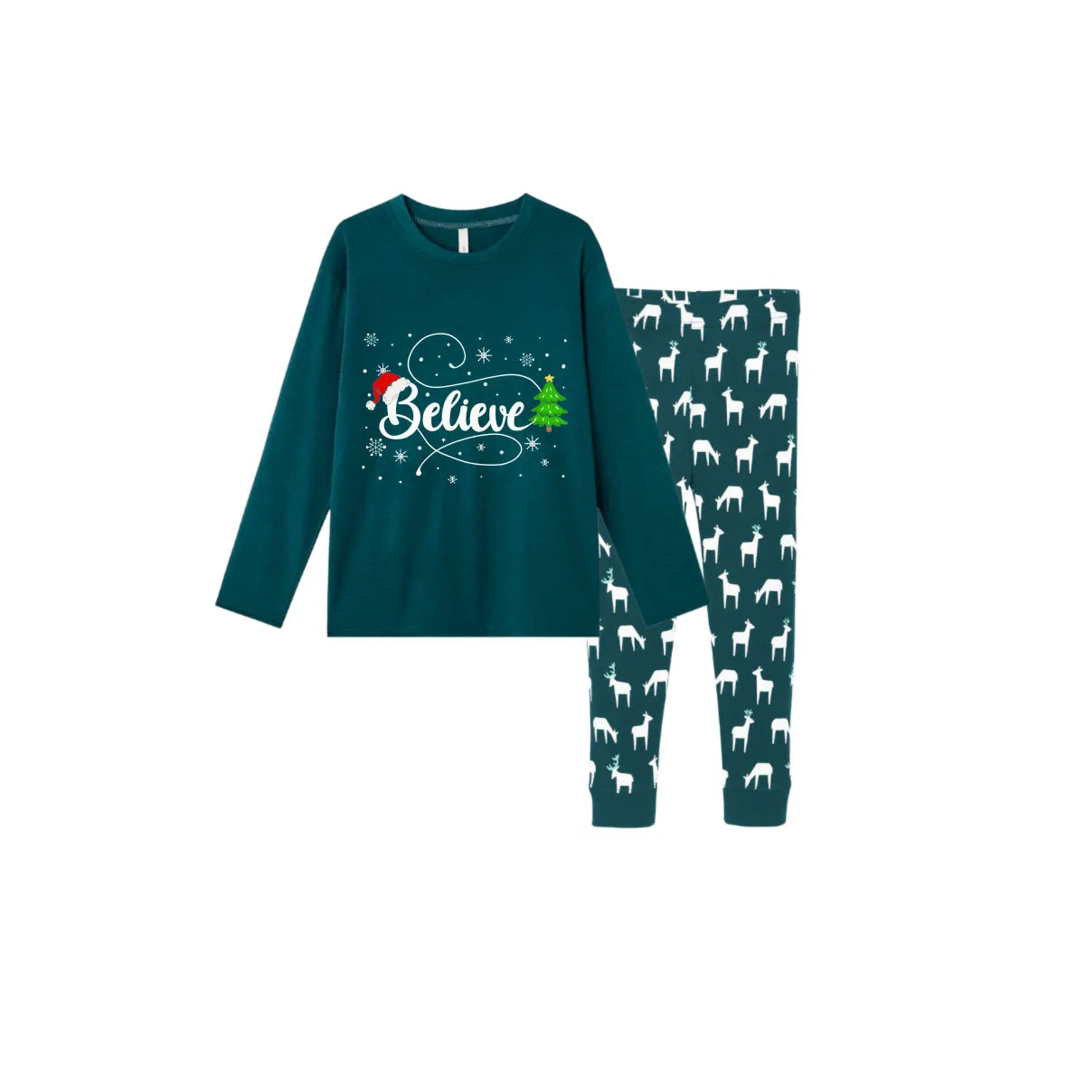 Christmas Family Matching Pajamas-Dark Green&Deer Patterned Pjs Set with Santa Hat and “Believe” Letter Print