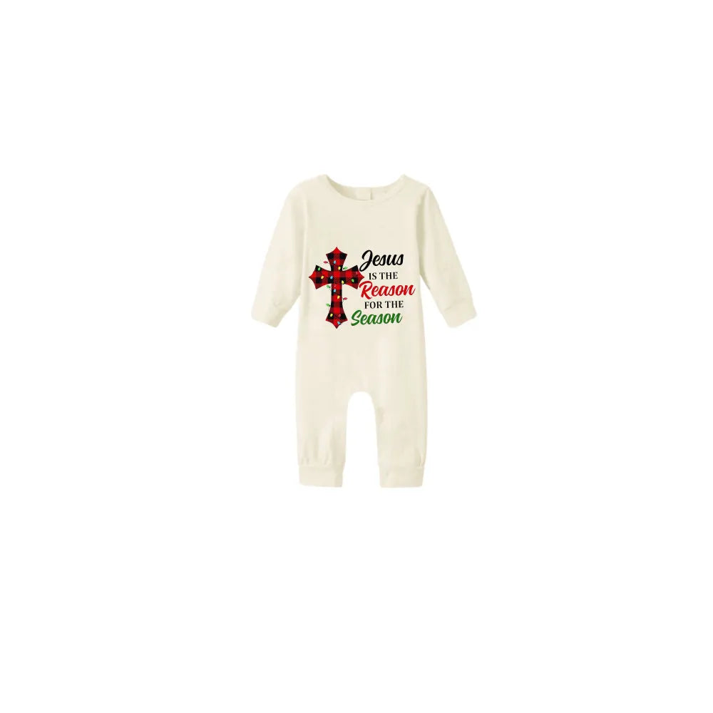 Beige Christmas Pattern Print Christmas Pajamas Set With "Jesus Is The Reason For The Season" Slogan Print