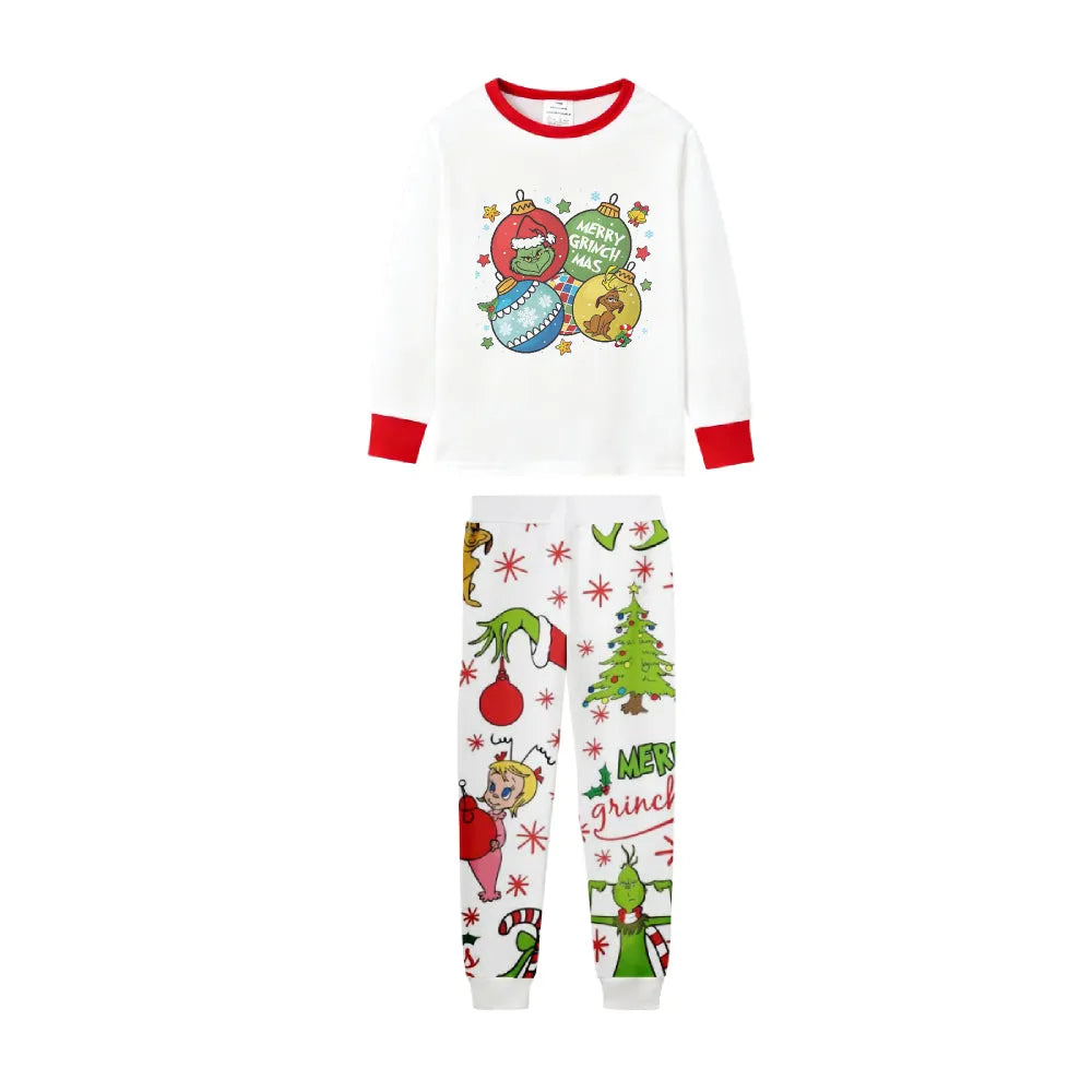 Family Christmas White Pajamas Set With Colorful Christmas Character Print