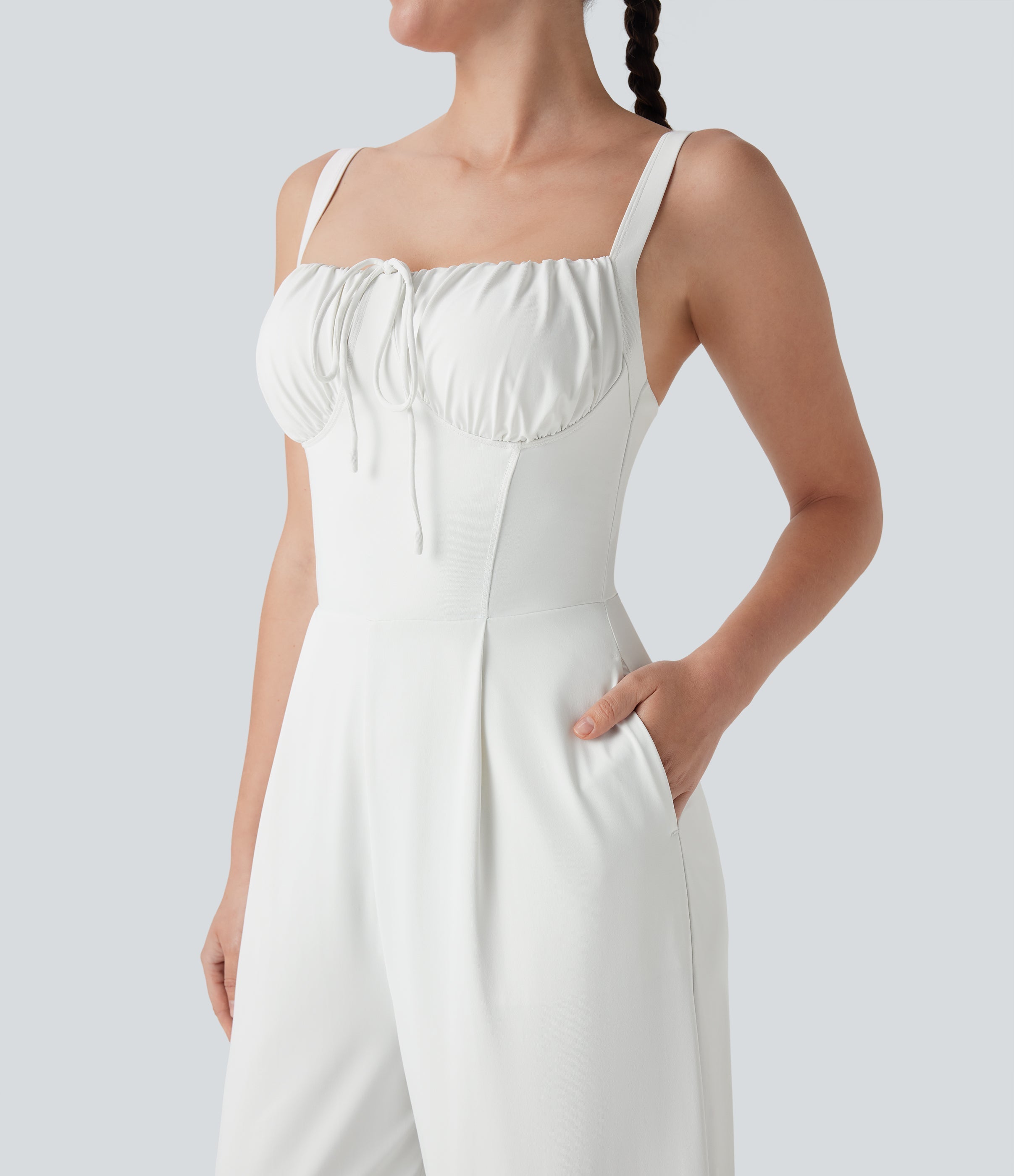 Square Neck Drawstring Jumpsuit with Pockets-Easy Peezy Edition