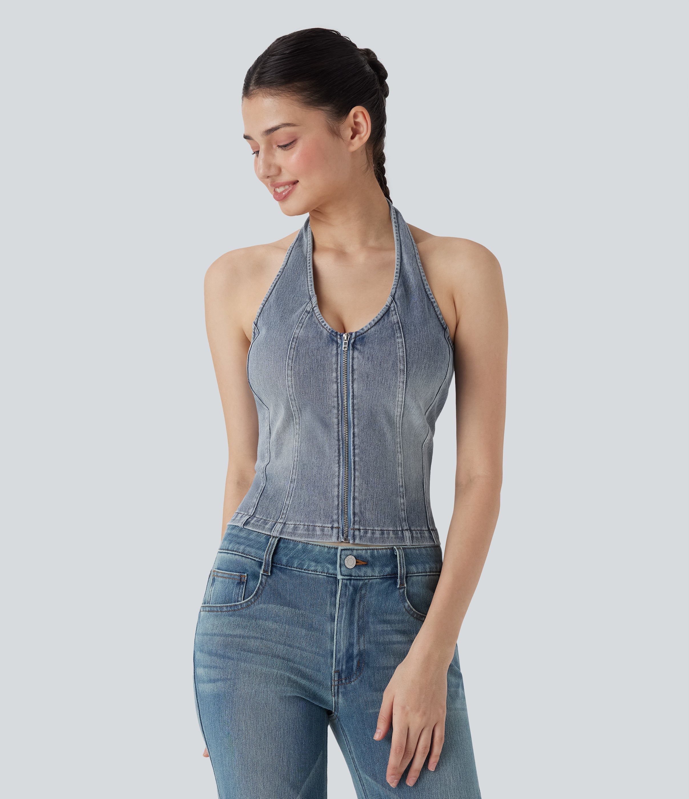 FlexTM Halter Zipper Washed Denim Casual Tank Top