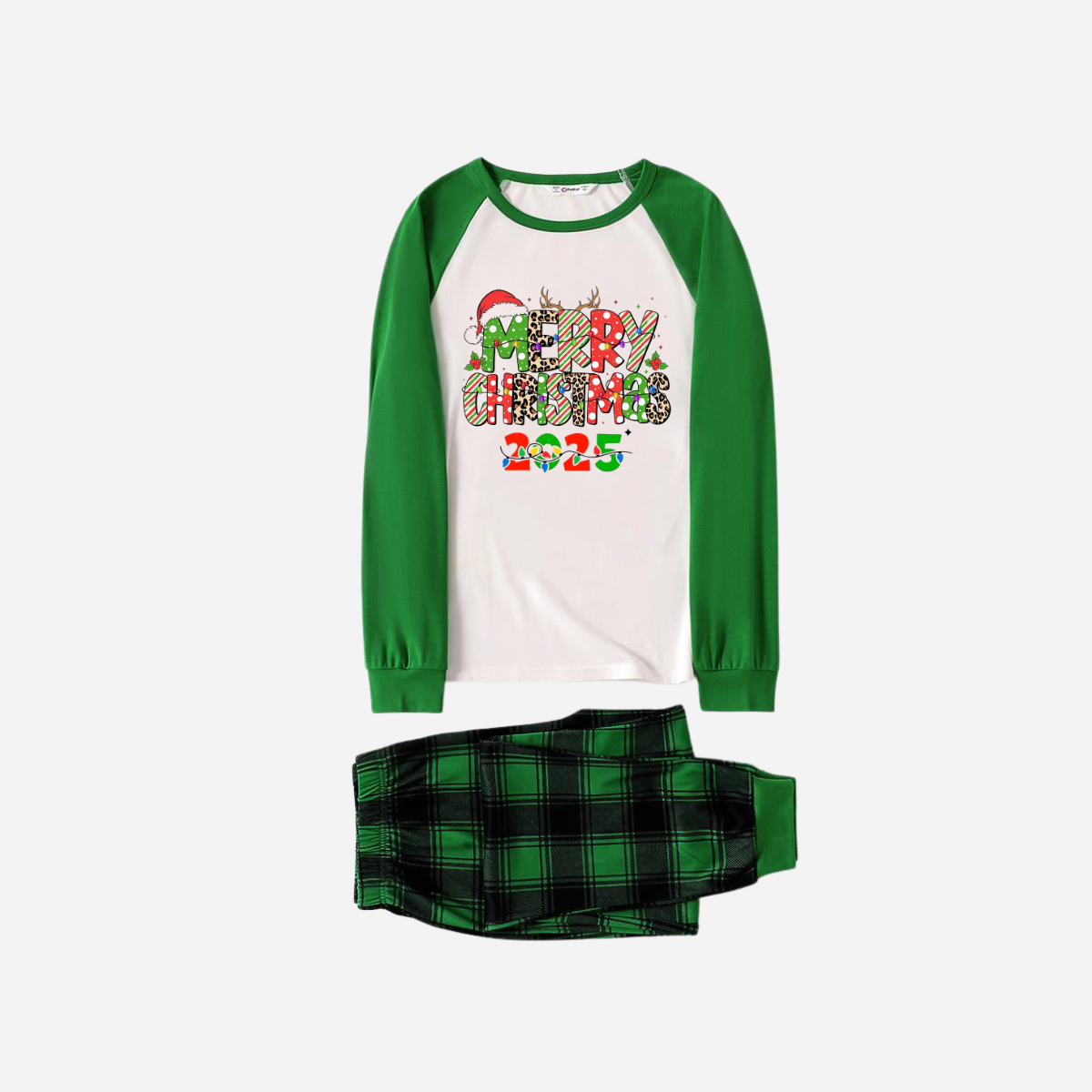 Merry Christmas 2025 Family Christmas Pajamas Set - White Top with Green Sleeves and Green Plaid Pants
