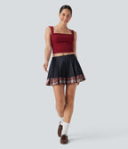 Mid Rise Pleated A-Line 2-in-1 Denim Like Plaid Mini Casual Skirt with Pocket