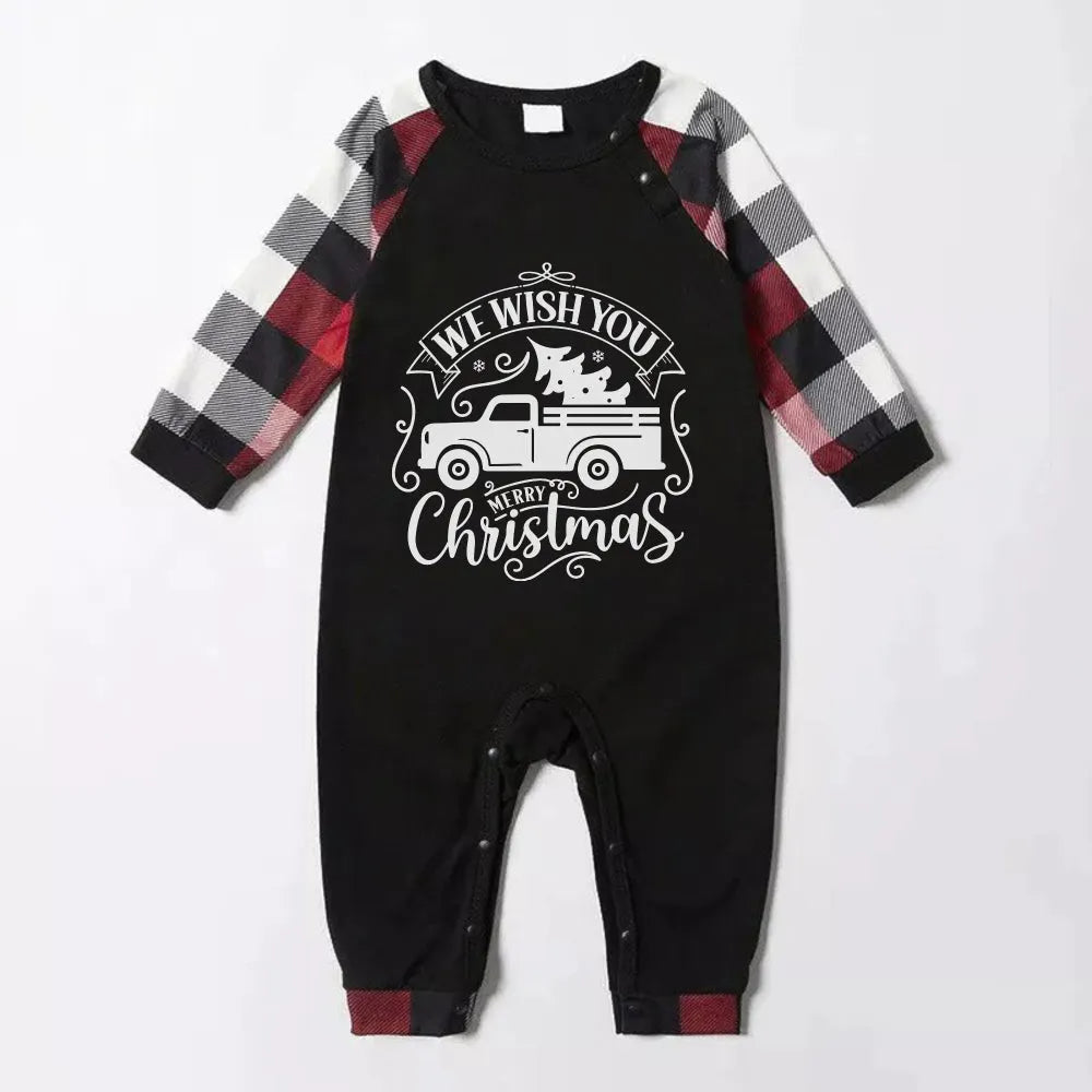 Christmas Family Matching Pajamas-Red and Gray Plaid Pjs set with "We Wish You A Merry Christmas" Artistic Font Slogan Print
