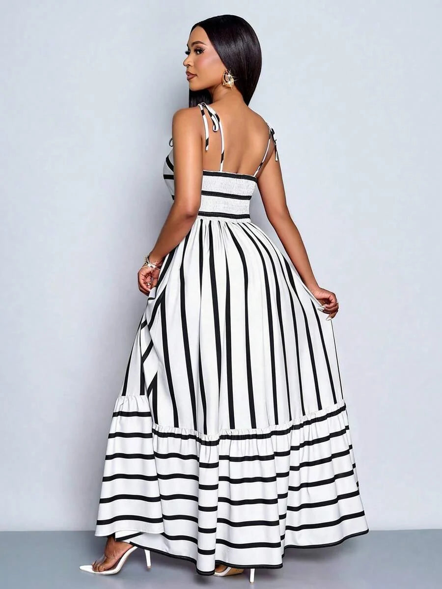 Women's Blue And White Stripe Flowing Maxi Dress,Summer Elegant Holiday Tea Party Holiday,Shoulder Straps Chest Gathering,Beach Casual Gown