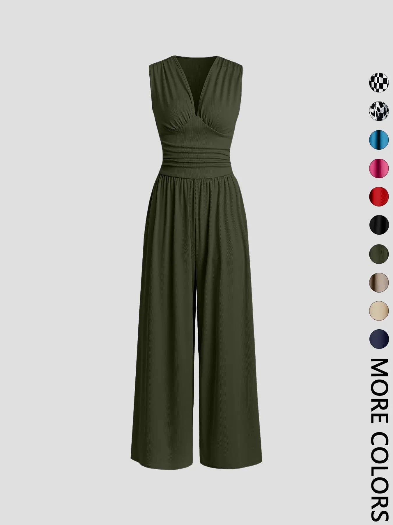 Women's Ruched Deep V Neck Wide Leg Jumpsuit