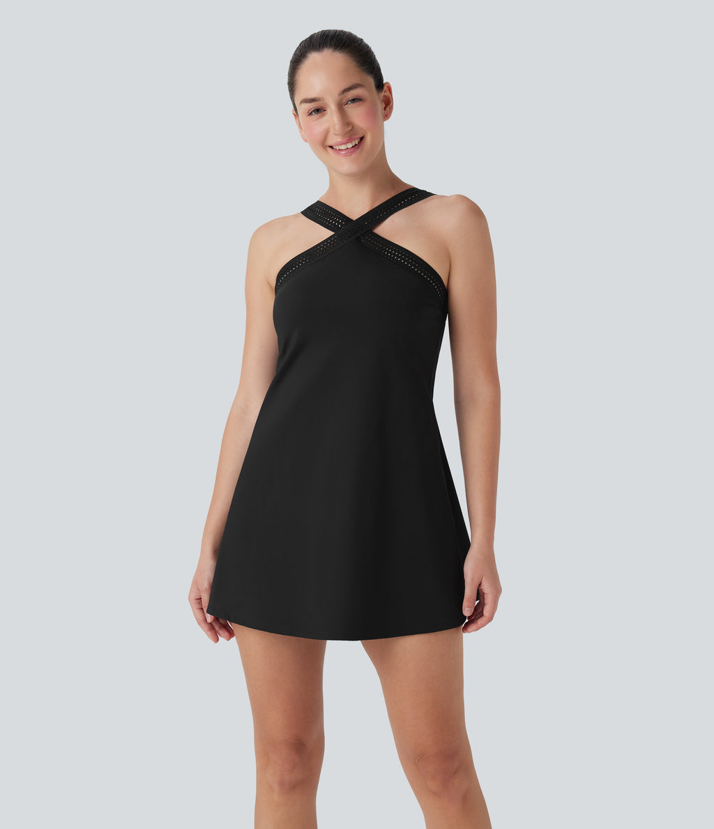 SoftlyzeroTM Airy Halter Cut Out Backless 2-in-1 Cool Touch Mini Yoga Active Dress with Side Pockets-Easy Peezy Edition-UPF50+