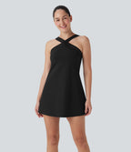 SoftlyzeroTM Airy Halter Cut Out Backless 2-in-1 Cool Touch Mini Yoga Active Dress with Side Pockets-Easy Peezy Edition-UPF50+