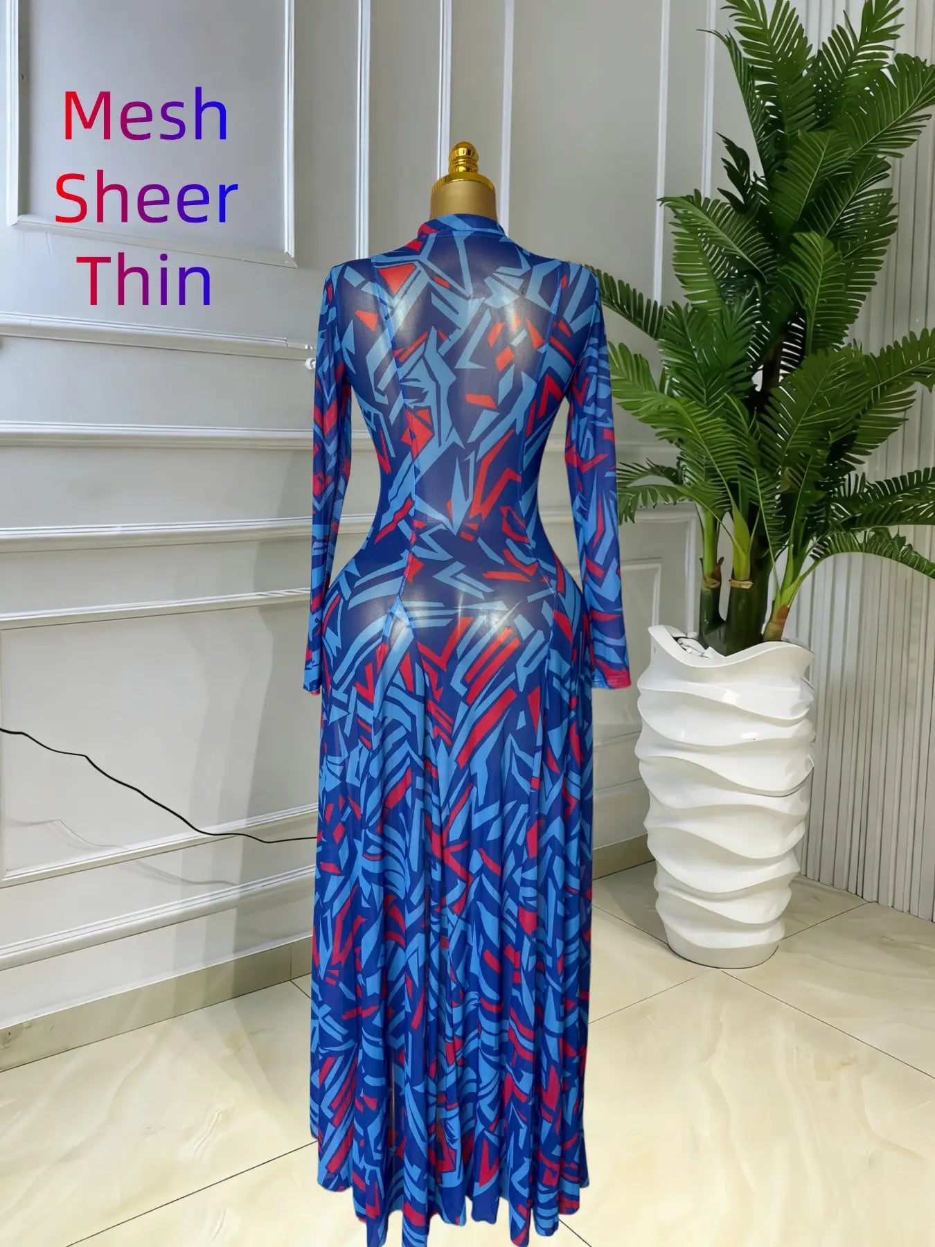 Women's O-Neck Long Sleeve Woven Maxi Dress, Tie-Dye Print, Romantic Valentine's Day Party Outfit Gown, Sexy Mesh Sheer Dress, Spring Sexy Club Street Evening Wear Lady Skirts