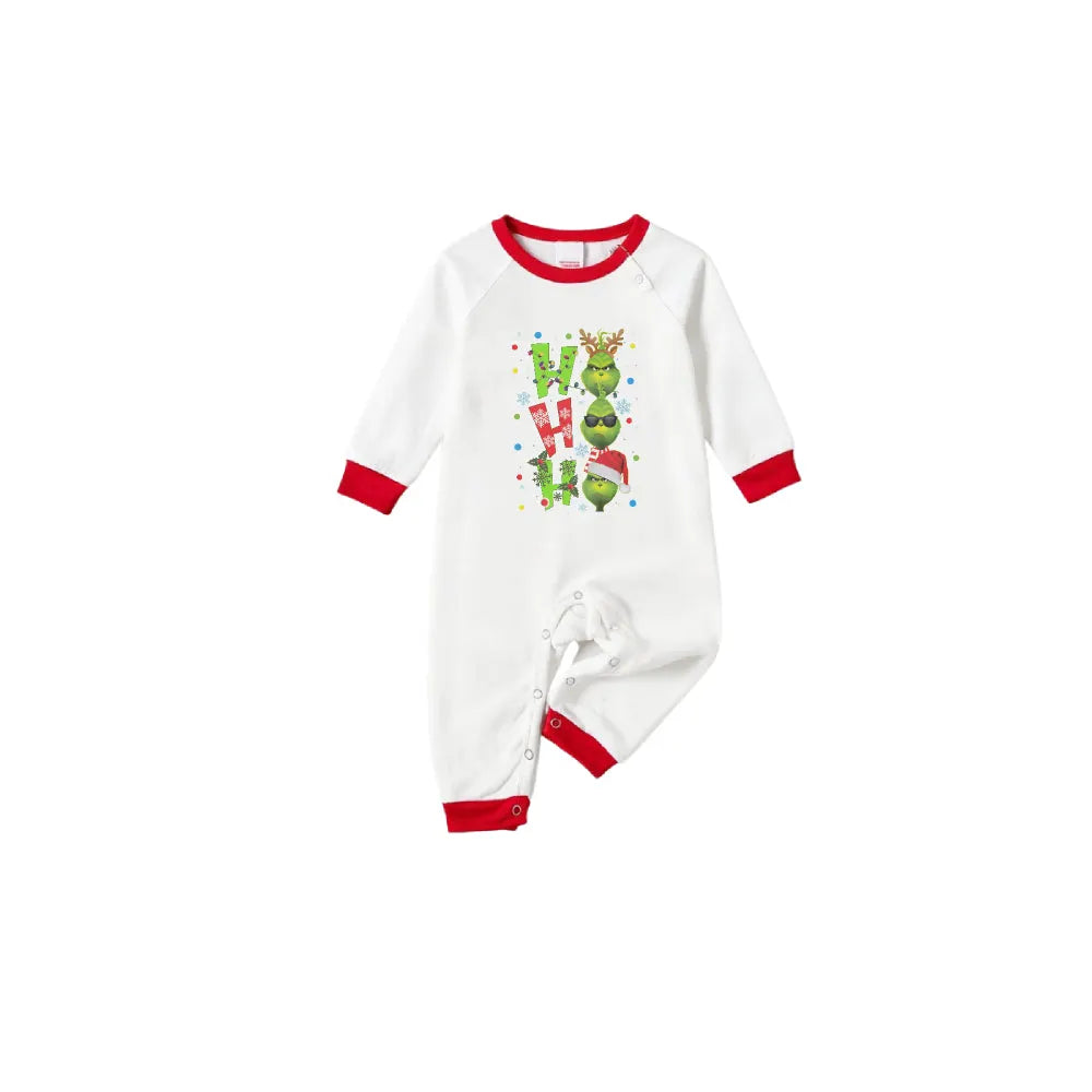 Family Christmas White Pajamas Set With "HO HO HO" & Cute Christmas Character Print