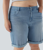 FlexTM High Waisted Multiple Pockets Rolled Hem Washed Stretchy Knit Denim Casual Plus Size Bermuda Shorts