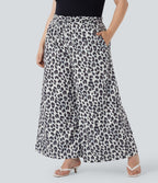 Plus Size High Waisted Drawstring Leopard Print Wide Leg Casual Pants with Pockets