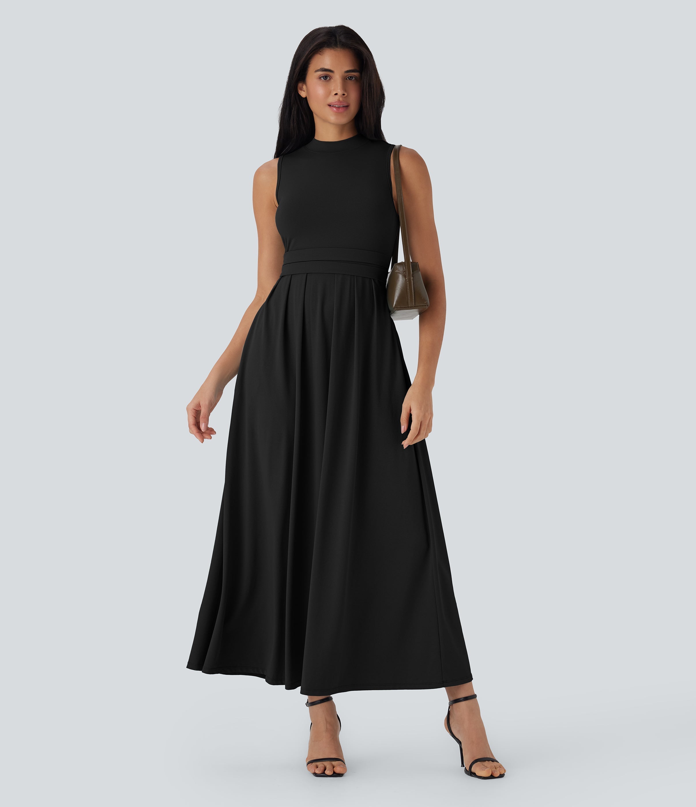 Stand Collar Sleeveless Flare Maxi Casual Dress with Pockets