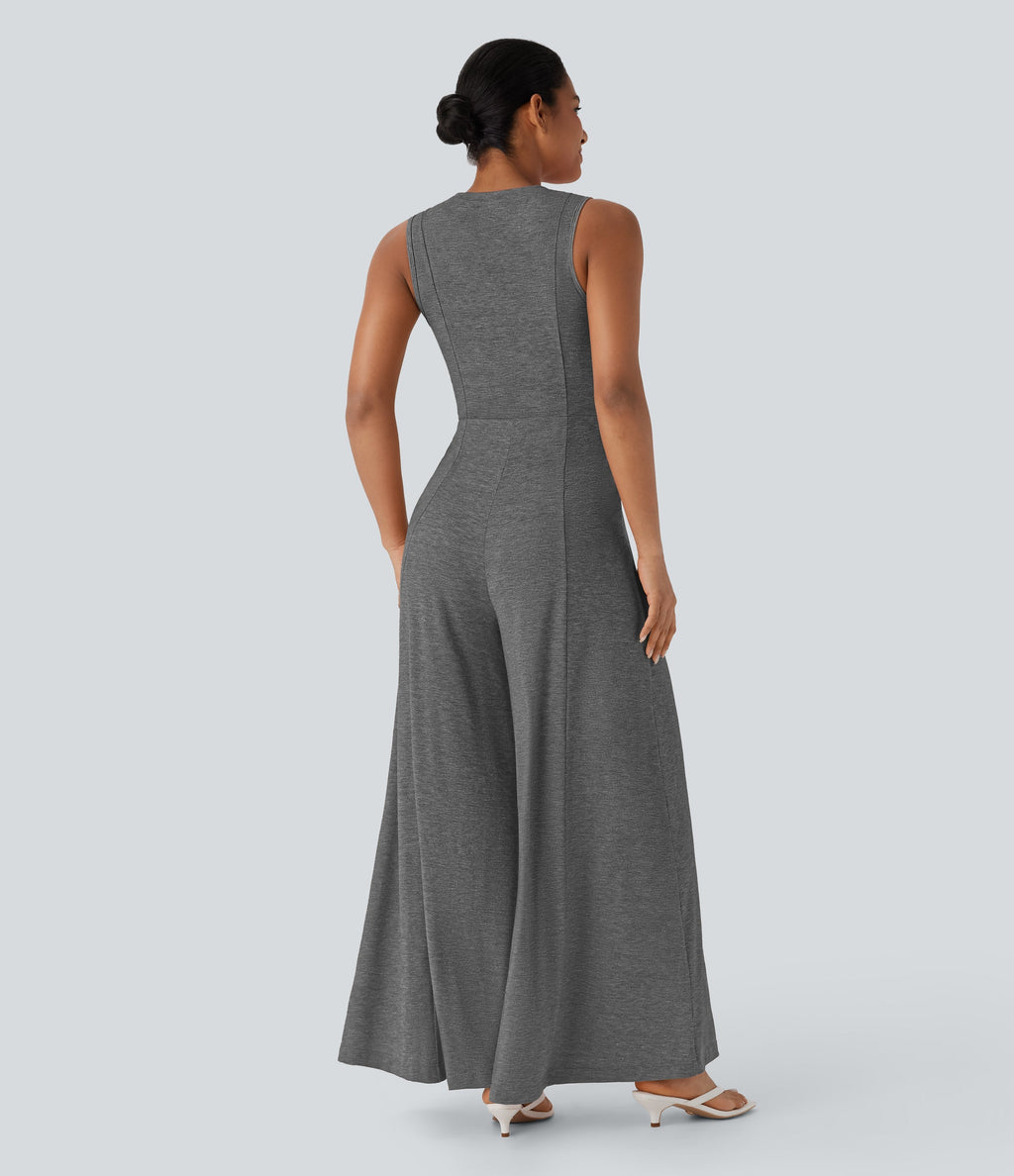 Henley Neck Sleeveless Wide Leg Flowy Casual Jumpsuit with Pockets