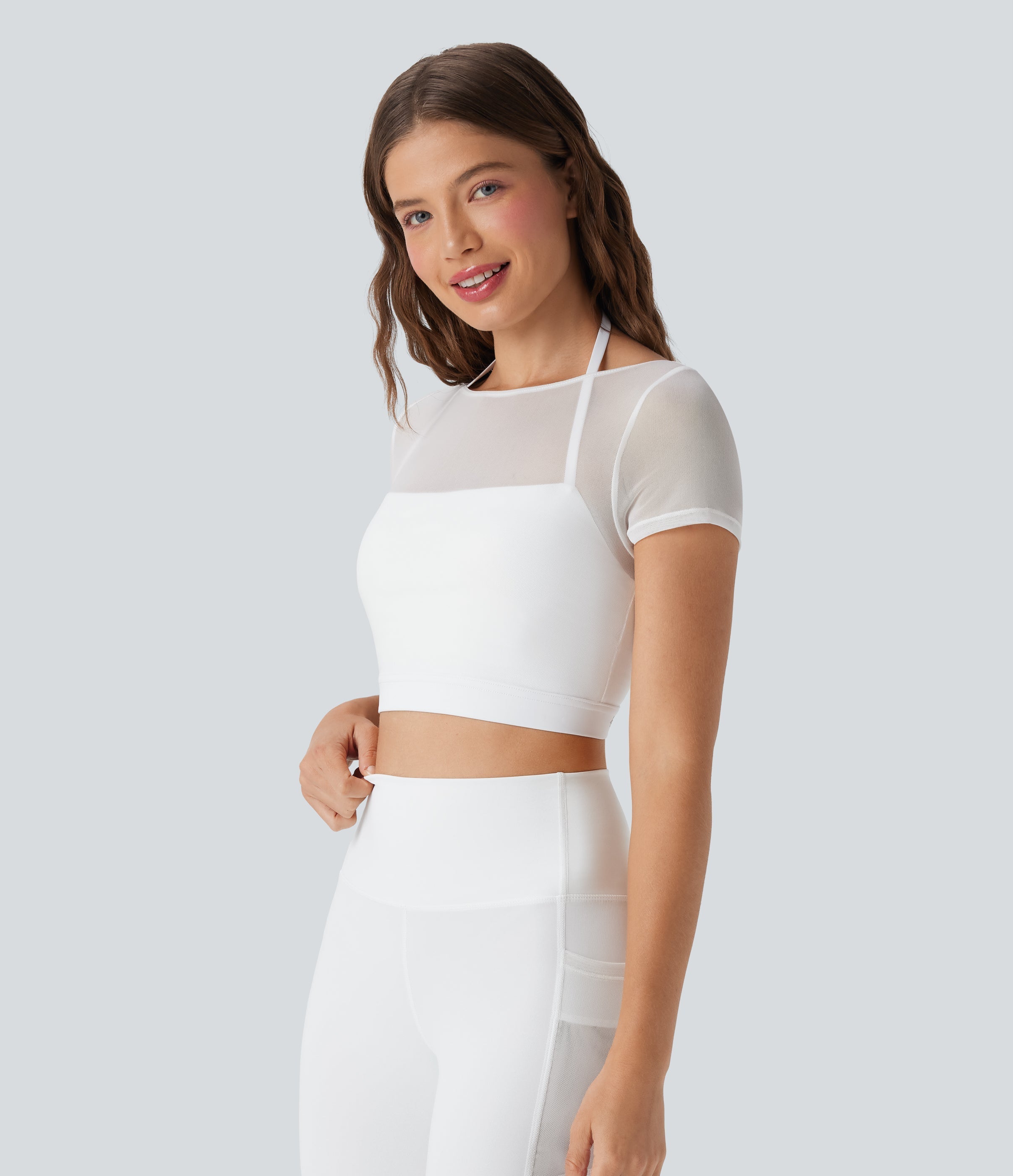 Halter Short Sleeve Contrast Mesh 2-in-1 Cropped Yoga Sports Top