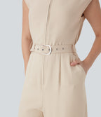 Half Zipper Cap Sleeve Straight Leg Belted Work Linen-Feel Jumpsuit with Pockets
