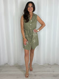 Khaki Floral Embroidered Button Up Dress