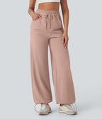 High Waisted Drawstring Cinchable Hem Wide Leg Casual Pants with Pockets