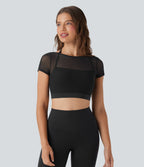 Halter Short Sleeve Contrast Mesh 2-in-1 Cropped Yoga Sports Top