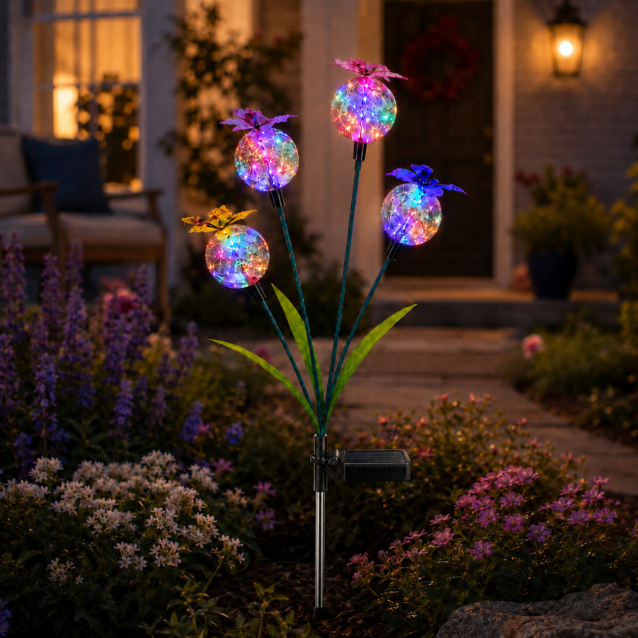 Solar Butterfly Garden Stake Light – 4 Glowing Crackle Globes