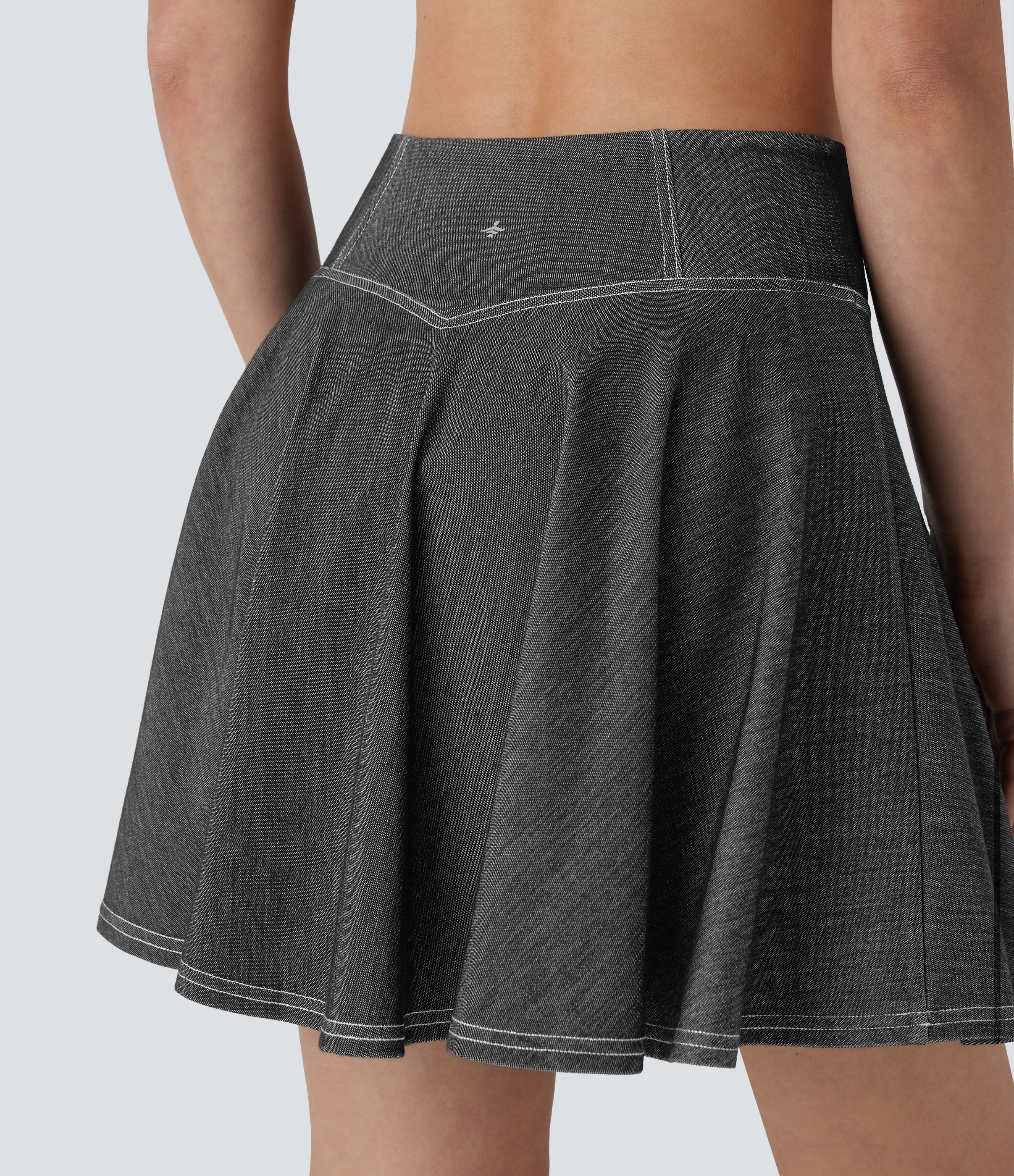 FlexTM High Waisted 2-in-1 Cool Touch Washed Stretchy Knit Denim Mini Tennis Skirt with Pockets