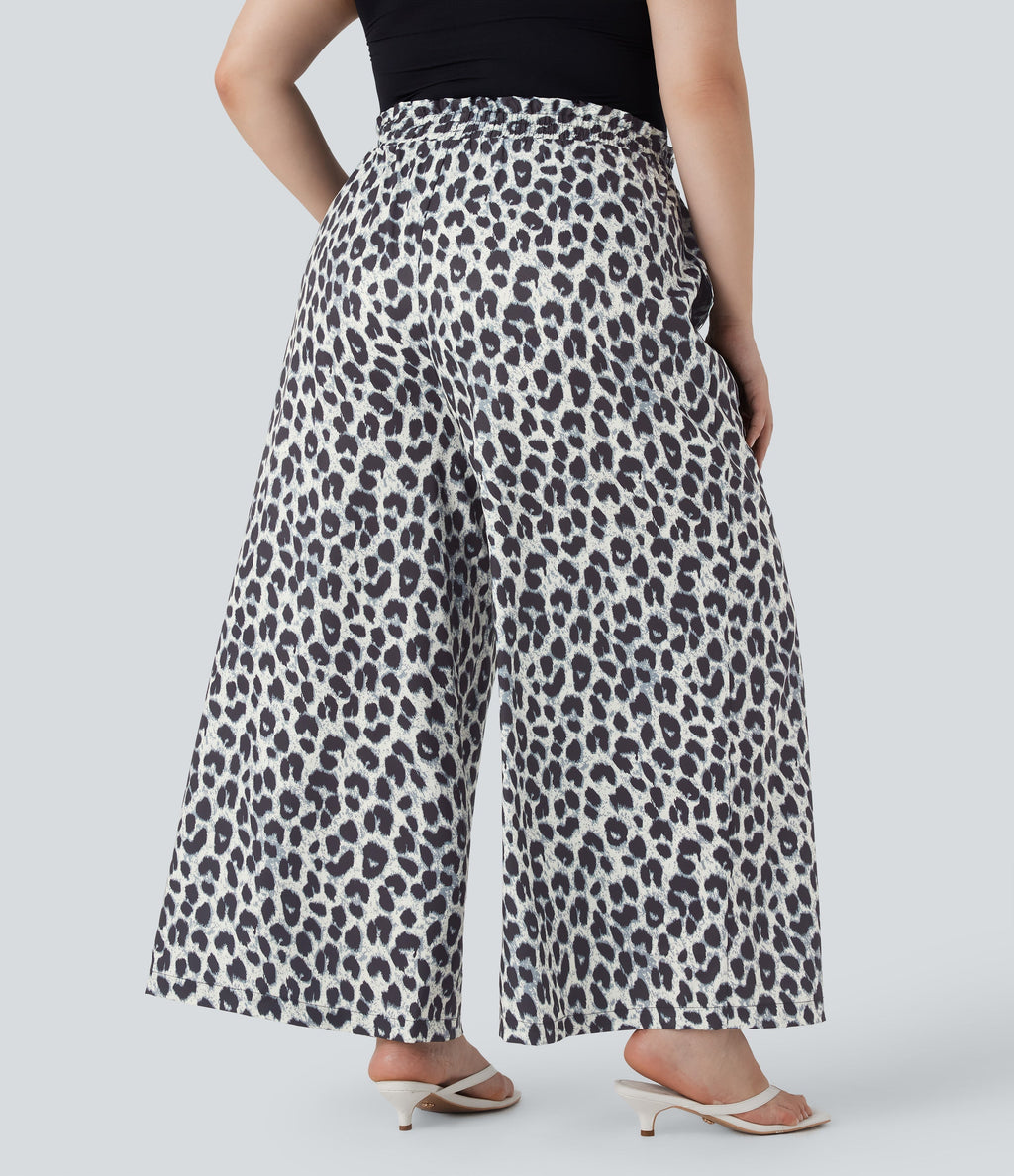 Plus Size High Waisted Drawstring Leopard Print Wide Leg Casual Pants with Pockets