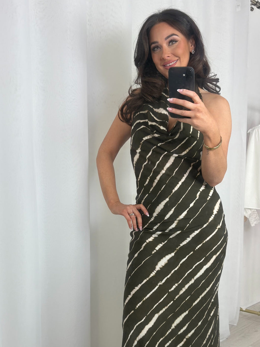 Khaki Stripe Cowl Neck Maxi Dress