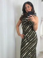 Khaki Stripe Cowl Neck Maxi Dress