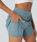BreezefulTM High Waisted Crossover 2-in-1 Quick Dry Yoga Shorts with Pockets