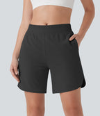 Mid Rise Side Pockets Curved Hem Yoga Bermuda Shorts