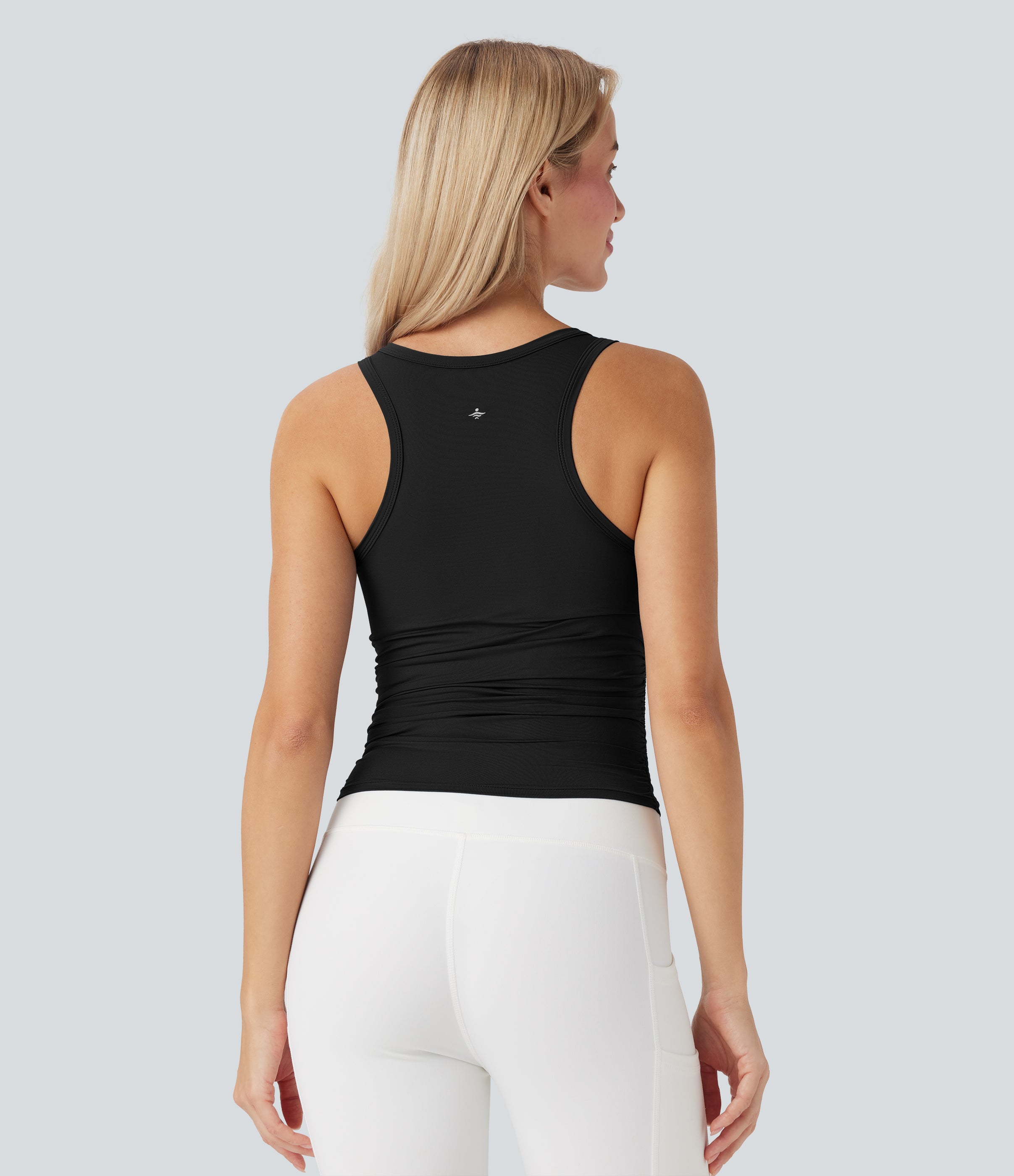 Round-Neck Racerback Ruched Built-in Bra Cool Touch Yoga Tank Top