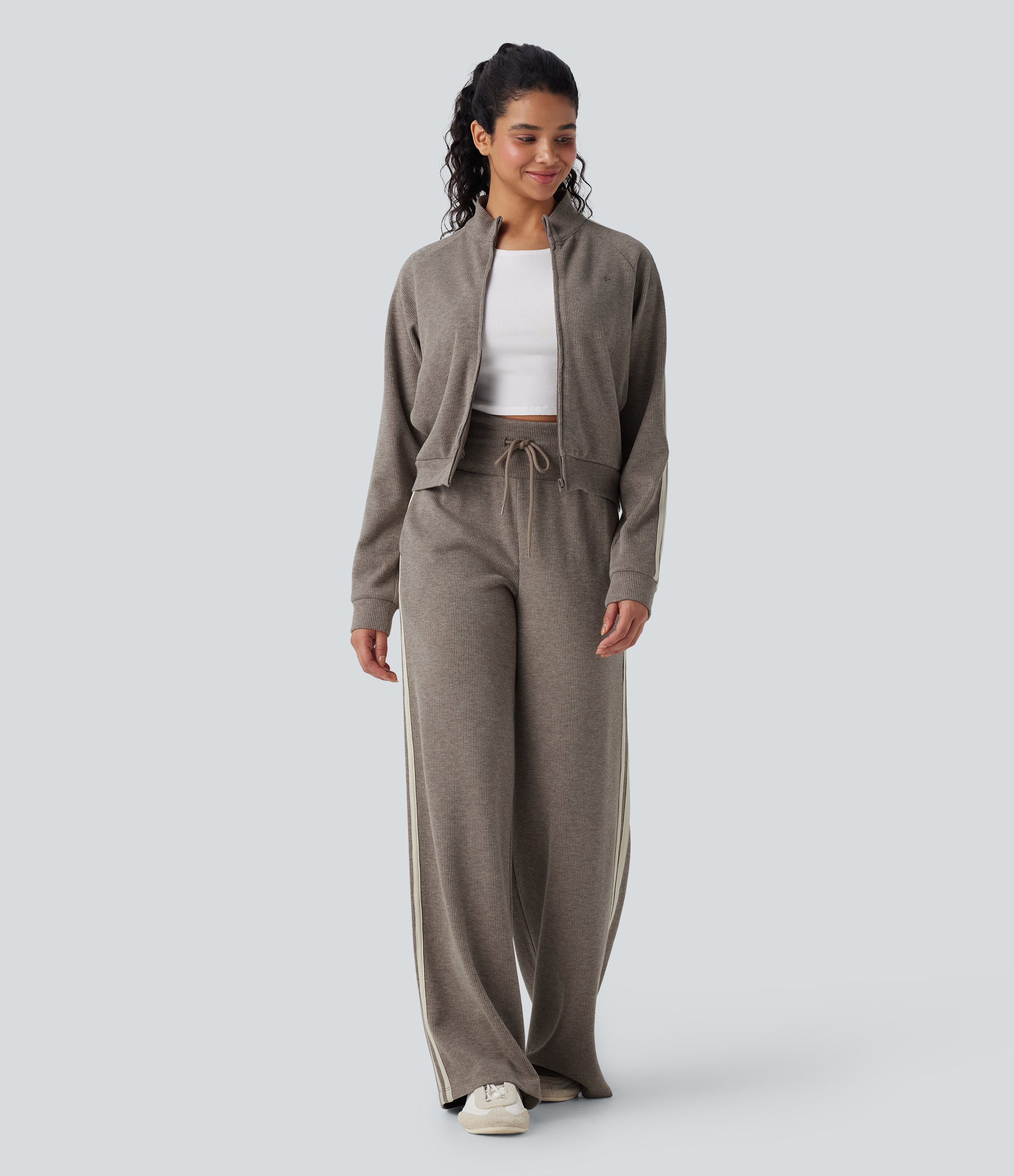 Ribbed SoCinched High Waisted Tummy Control Drawstring Wide Leg Color Block Casual Pants with Pockets