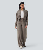 2026🔥 Ribbed SoCinched High Waisted Tummy Control Drawstring Wide Leg Color Block Casual Trousers with Pockets