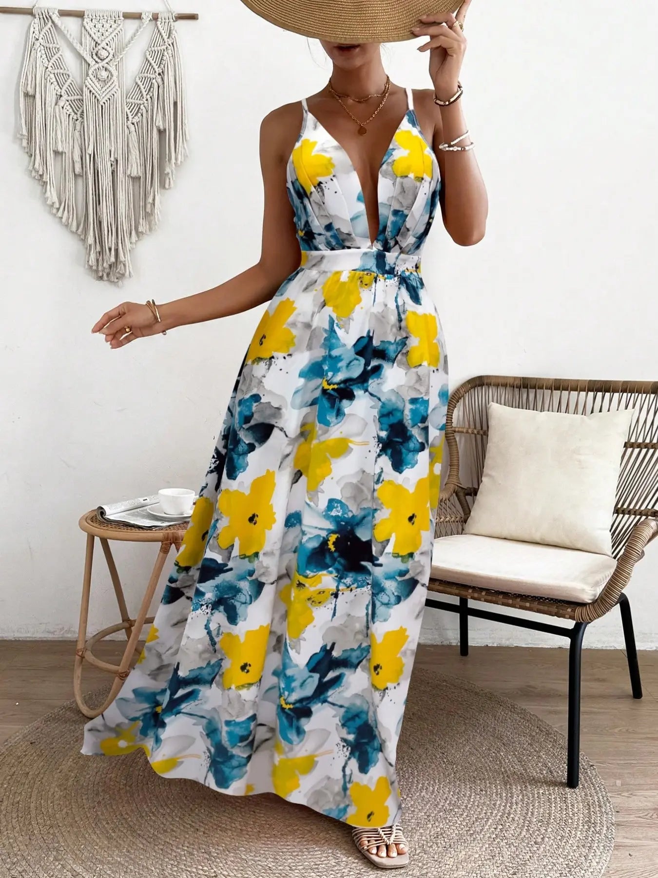Women's All Over Print Deep V Neck Sleeveless Backless Cami Maxi Dress, Beachwear Dress, Elegant Adjustable Strap Criss Cross A Line Dress for Beach Holiday Vacation, Ladies Summer Clothes
