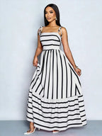 Women's Blue And White Stripe Flowing Maxi Dress,Summer Elegant Holiday Tea Party Holiday,Shoulder Straps Chest Gathering,Beach Casual Gown