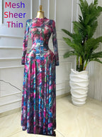 Women's O-Neck Long Sleeve Woven Maxi Dress, Tie-Dye Print, Romantic Valentine's Day Party Outfit Gown, Sexy Mesh Sheer Dress, Spring Sexy Club Street Evening Wear Lady Skirts