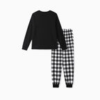 "Family Christmas 2025" Text and Deer Prints Black Long Sleeve Top with Black And White Plaid Pants Family Matching Pajamas